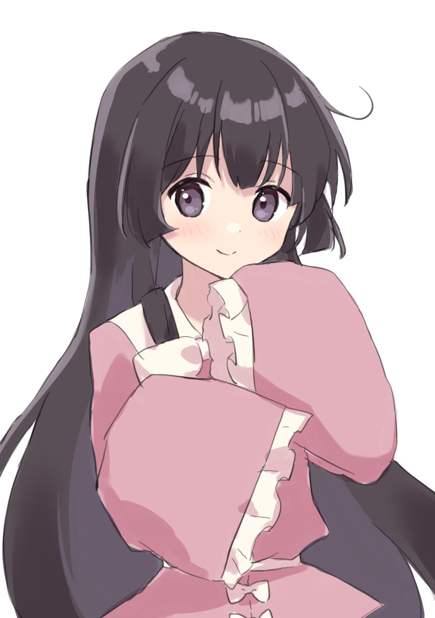 144udy 1girl absurdres ahoge black_eyes black_hair bow closed_mouth dress dress_bow frilled_sleeves frills hand_up highres hime_cut houraisan_kaguya long_hair looking_at_viewer pink_dress sidelocks simple_background sketch sleeves_past_fingers sleeves_past_wrists smile solo standing touhou upper_body white_background white_bow