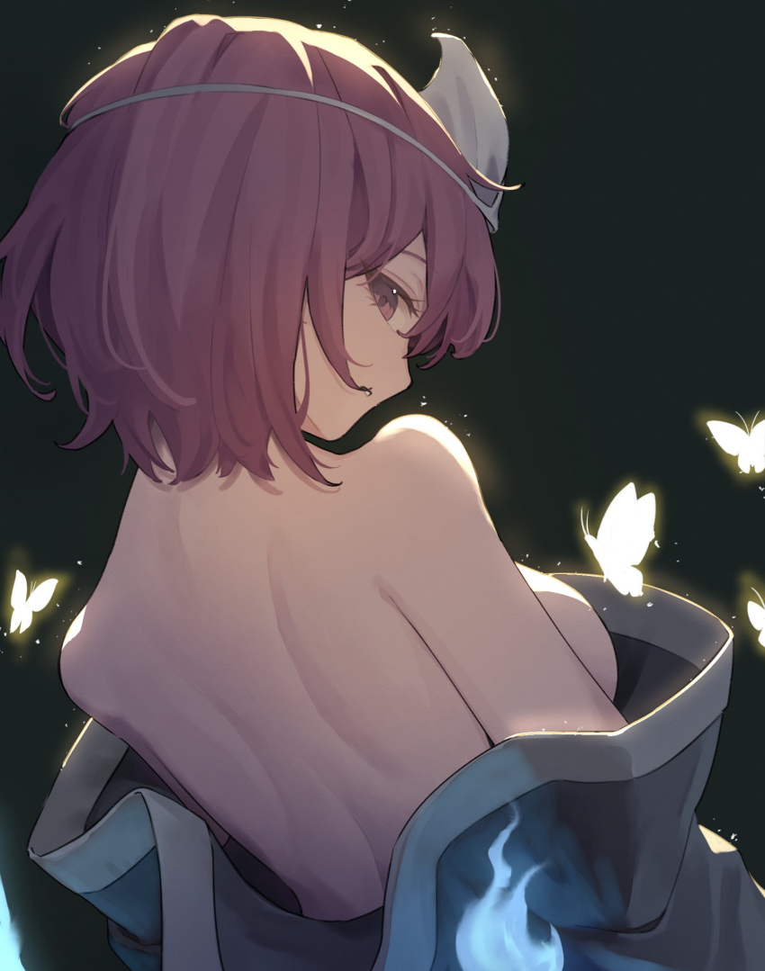 1girl bare_back bare_shoulders black_background blue_kimono breasts bug butterfly garasuno highres japanese_clothes kimono large_breasts looking_at_viewer looking_back no_bra open_clothes perfect_cherry_blossom pink_eyes pink_hair saigyouji_yuyuko short_hair sideboob simple_background solo touhou triangular_headpiece will-o'-the-wisp_(mythology)
