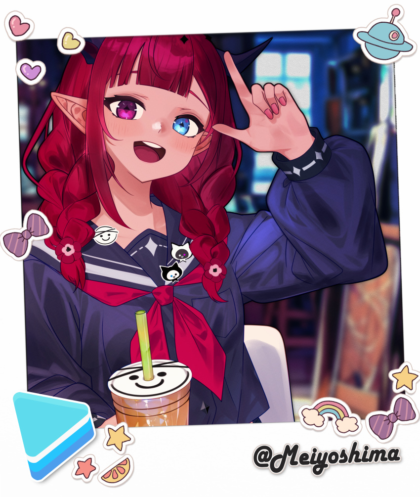 1girl :d absurdres artist_name blue_eyes blue_sailor_collar blue_serafuku blue_shirt blush border braid cup disposable_cup drinking_straw english_commentary finger_gun flower guyrys hair_flower hair_ornament hair_over_shoulder heterochromia highres holding holding_cup hololive hololive_english horns indoors irys_(gamer)_(hololive) irys_(hololive) long_hair long_sleeves looking_at_viewer meiyoshima neckerchief official_alternate_costume pink_nails pointing pointing_up pointy_ears puffy_long_sleeves puffy_sleeves red_neckerchief redhead sailor_collar school_uniform serafuku shirt sitting smile solo teeth twin_braids upper_body upper_teeth_only violet_eyes virtual_youtuber white_border