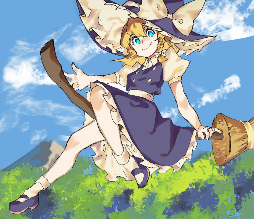 1girl aojirozame1228 arm_support bare_arms bare_legs black_footwear black_headwear black_skirt black_vest blonde_hair blue_eyes bow braid broom broom_riding buttons closed_mouth clouds collared_shirt day frilled_hat frilled_skirt frills hair_bow hat hat_bow highres kirisame_marisa looking_at_viewer mary_janes mountain outdoors puffy_short_sleeves puffy_sleeves shirt shoes short_sleeves single_braid sitting sketch skirt sky smile socks solo touhou tree vest white_bow white_shirt white_socks witch witch_hat