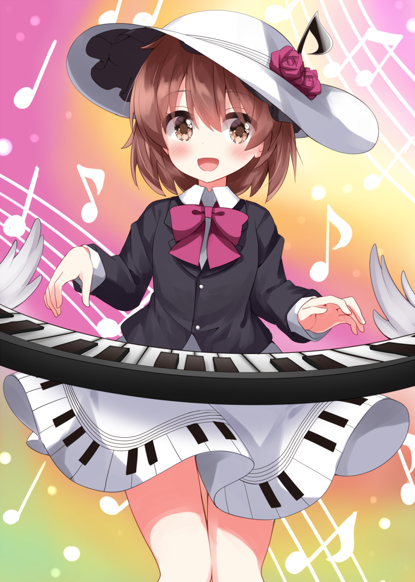 1girl alternate_costume blush brown_eyes brown_hair champaign_of_unfinished_dreams collared_shirt commentary_request cosplay flower gakuzuka_unane gakuzuka_unane_(cosplay) hat hat_flower highres instrument keyboard_(instrument) long_sleeves looking_at_viewer lyrica_prismriver music musical_note open_mouth piano_keys playing_instrument print_skirt red_flower red_rose rose ruu_(tksymkw) shirt short_hair skirt smile solo touhou white_headwear white_skirt wings