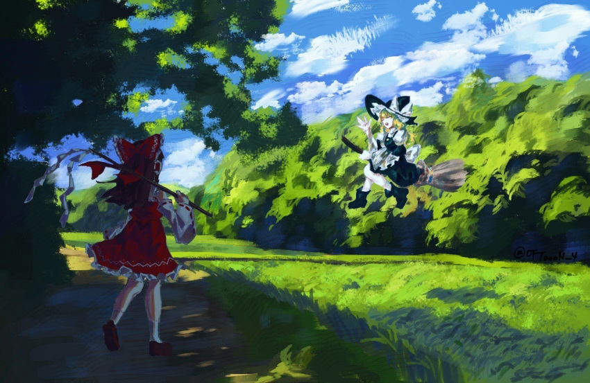 2girls aojirozame1228 black_dress black_footwear blonde_hair boots bow broom broom_riding closed_eyes clouds day detached_sleeves dress facing_another facing_away field forest frilled_bow frilled_hair_tubes frilled_skirt frills gohei grass hair_bow hair_tubes hakurei_reimu hand_up heel_up highres holding holding_gohei kirisame_marisa long_hair multiple_girls nature open_mouth outdoors painterly puffy_sleeves red_bow red_ribbon red_skirt ribbon ribbon-trimmed_sleeves ribbon_trim shade shide shirt shoes sitting skirt sky socks standing teeth touhou tree upper_teeth_only waving white_shirt white_sleeves white_socks