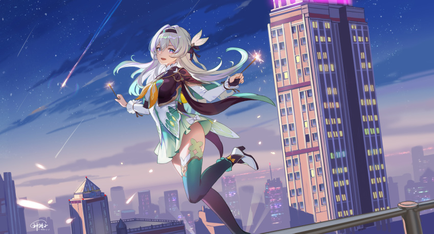 1girl :d absurdres black_hairband black_jacket black_thighhighs blue_eyes blue_sky blue_thighhighs boots building cityscape clouds cloudy_sky collared_shirt cropped_jacket dated firefly_(honkai:_star_rail) fireworks floating_hair from_side god_hunter gradient_legwear green_skirt grey_hair hair_between_eyes hair_intakes hairband high_heel_boots high_heels highres holding_fireworks honkai:_star_rail honkai_(series) jacket long_hair long_sleeves looking_at_viewer neckerchief night night_sky open_mouth orange_neckerchief outdoors pink_eyes pleated_skirt railing shirt shooting_star sidelocks signature skirt sky skyscraper smile solo sparkler spotlight thigh-highs two-tone_eyes white_footwear white_shirt zettai_ryouiki