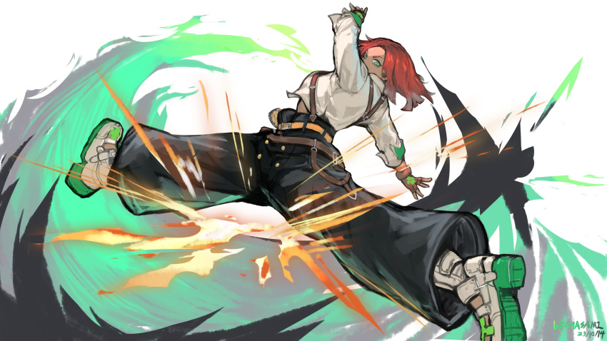 1girl absurdres arm_up artist_name belt black_pants buttons clover_print collared_shirt dated explosion fingerless_gloves fire frown giovanna_(guilty_gear) gloves green_fire grey_hair guilty_gear guilty_gear_strive highres hua_ha_jiazi jumping long_sleeves looking_at_viewer medium_hair multicolored_hair orange_belt outstretched_arm pants red_gloves redhead sandals shirt shoe_soles solo spread_legs strap streaked_hair two-tone_hair white_background white_footwear white_shirt