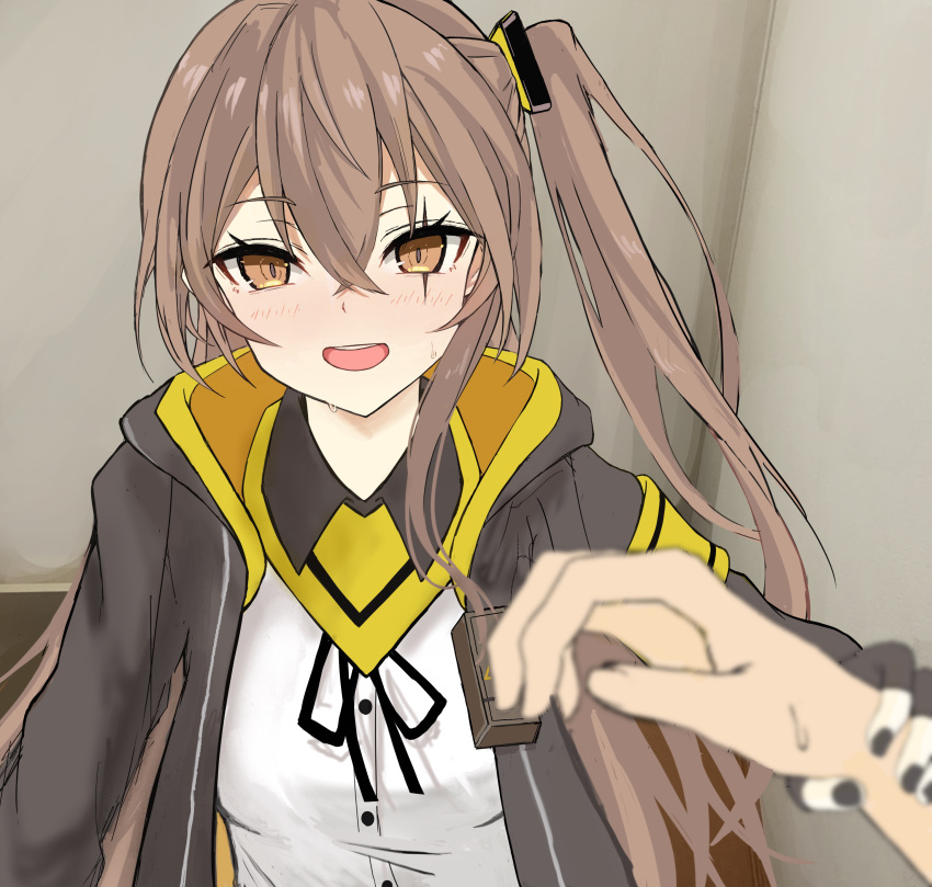 1girl 1other :d absurdres armband black_gloves black_jacket black_nails blush brown_eyes brown_hair collared_shirt crossed_bangs fingerless_gloves girls_frontline gloves hair_between_eyes highres hood hood_down hooded_jacket indoors jacket koenza_botoke long_hair long_sleeves looking_at_viewer multicolored_clothes multicolored_jacket nail_polish neck_ribbon one_side_up open_clothes open_jacket open_mouth pov pov_hands ribbon scar scar_across_eye shirt smile solo_focus sweatdrop teeth two-tone_jacket ump45_(girls'_frontline) upper_body upper_teeth_only very_long_hair white_shirt yellow_armband yellow_jacket