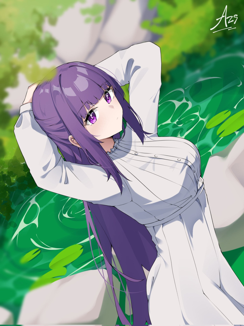 1girl arms_behind_head azisalter blunt_bangs blurry blurry_foreground breasts closed_mouth commentary corrupted_twitter_file dress dutch_angle fern_(sousou_no_frieren) half_updo highres large_breasts long_hair long_sleeves looking_at_viewer outdoors pond purple_hair sidelocks signature solo sousou_no_frieren upper_body violet_eyes white_dress