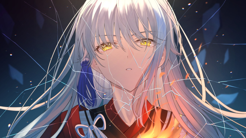 1boy absurdres archer_(fate/samurai_remnant) chinese_clothes close-up crack cracked_glass dark_background fate/samurai_remnant fate_(series) fire grey_hair hair_down hair_ornament highres light_(nightty45) long_hair multicolored_hair solo streaked_hair tassel tassel_hair_ornament white_hair yellow_eyes