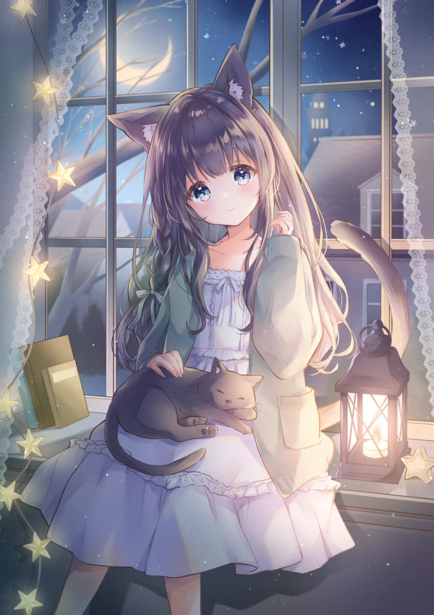 1girl animal_ears blue_eyes book breasts brown_hair cat cat_ears cat_tail commission cropped_head cropped_tail curtains dress hand_up highres hoshiibara_mato lamp long_hair makeup new_moon original rouge_(makeup) sitting skeb_commission small_breasts smile star_(sky) tail white_dress window