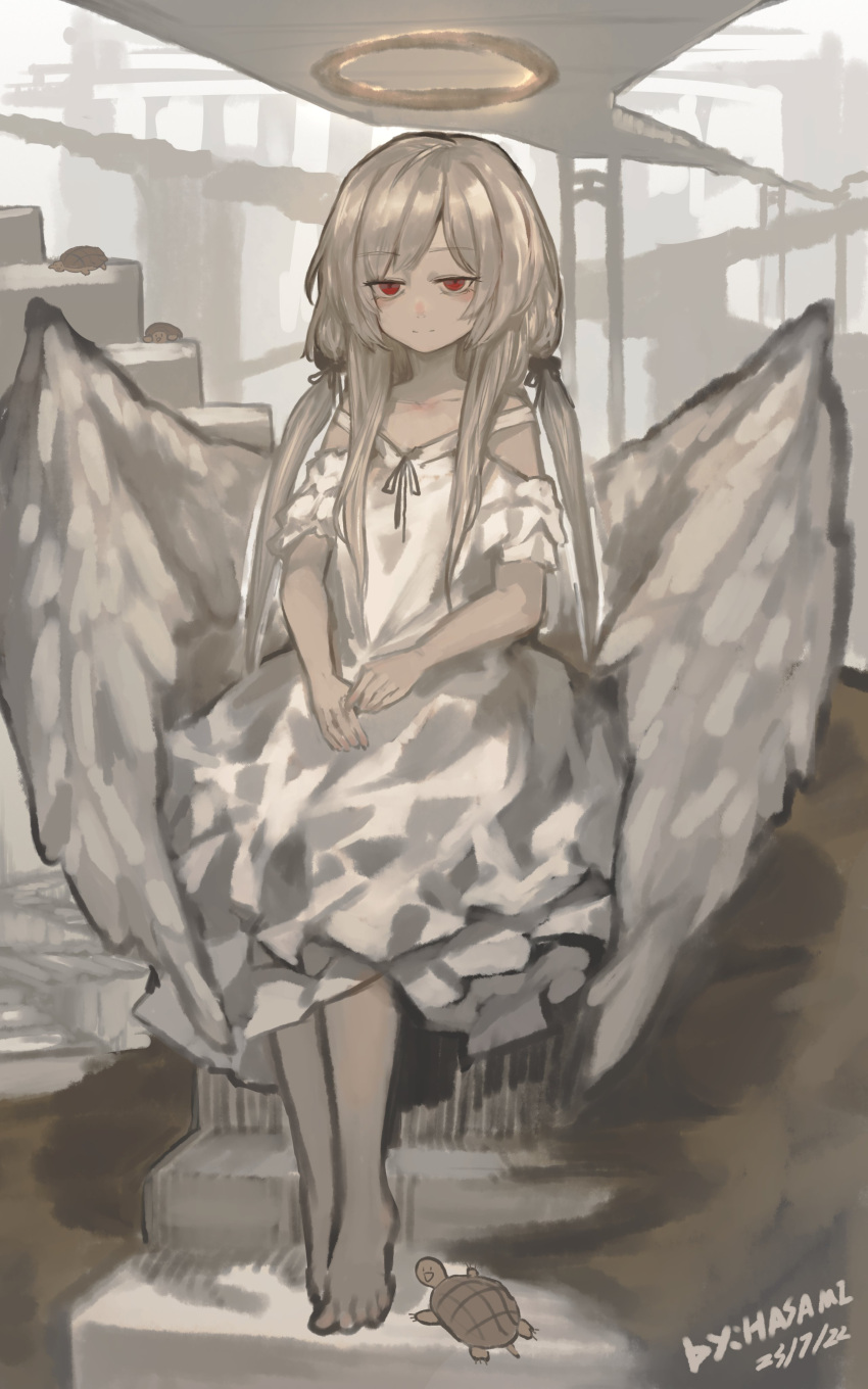 1girl :d absurdres angel angel_wings artist_name bare_legs barefoot bridge closed_mouth commentary dated dress feathered_wings halo highres hua_ha_jiazi jitome light_smile looking_at_viewer original outdoors red_eyes sitting smile solo stairs stone_stairs symbol-only_commentary turtle white_dress wings