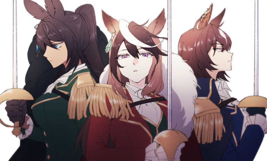 3girls animal_ears black_gloves black_hair blue_eyes blue_jacket blue_vest breasts brown_hair closed_mouth earrings epaulettes feather_boa gloves green_jacket green_vest hand_up holding holding_sword holding_weapon horse_ears jacket jewelry korean_commentary long_hair looking_at_viewer multicolored_hair multiple_girls neckerchief parted_lips ponytail rapier red_eyes red_jacket shirt simple_background single_earring sirius_symboli_(umamusume) small_breasts streaked_hair sword symboli_kris_s_(umamusume) symboli_rudolf_(umamusume) taisaaa umamusume upper_body vest violet_eyes weapon white_background white_gloves white_neckerchief white_shirt