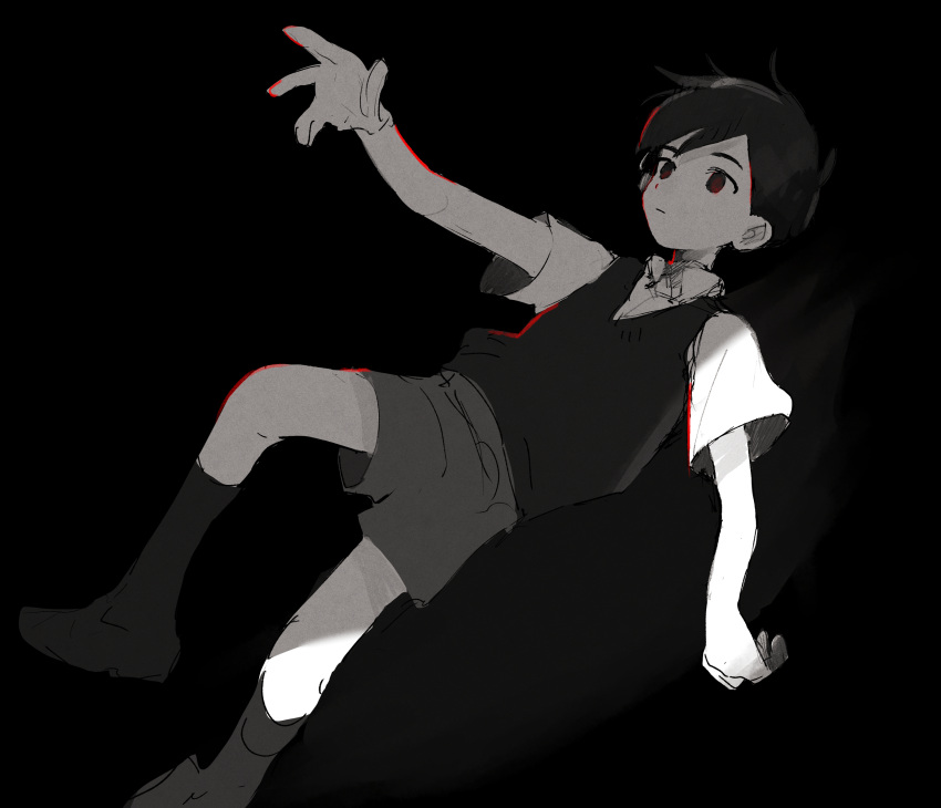 1boy :| absurdres black_background black_eyes black_hair black_socks black_vest child closed_mouth collared_shirt commentary expressionless falling foot_out_of_frame grey_shorts highres kneehighs male_focus mdmdmdmd23eng omori outstretched_arm reaching shirt short_hair short_sleeves shorts simple_background sketch socks solo sunny_(omori) symbol-only_commentary vest white_shirt