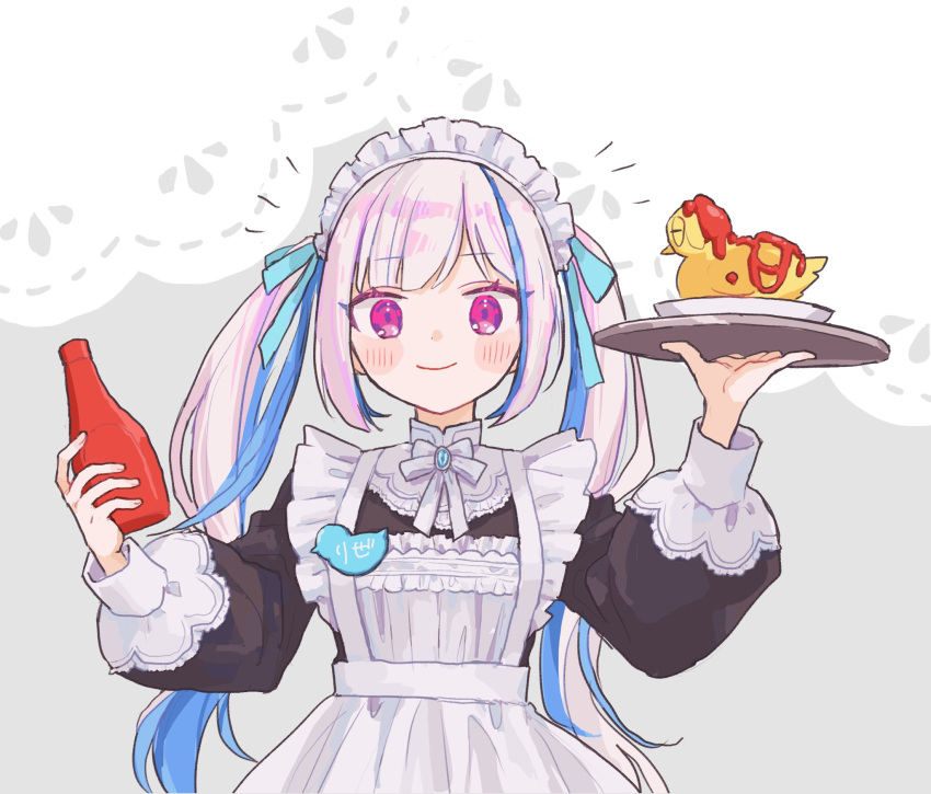 1girl alternate_costume animal-themed_food apron black_shirt blue_hair blush_stickers bottle brooch closed_mouth collared_shirt enmaided frilled_apron frills grey_background highres holding holding_bottle holding_tray jewelry ketchup_bottle lize_helesta long_bangs long_hair long_sleeves looking_at_viewer maid maid_headdress mrokr multicolored_hair name_tag neck_ribbon nijisanji pink_hair ribbon shirt sidelocks simple_background smile solo straight-on streaked_hair tray twintails two-tone_background two-tone_hair upper_body violet_eyes virtual_youtuber white_apron white_background white_ribbon