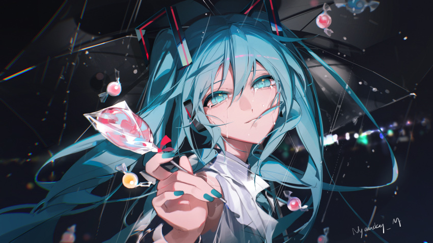 1girl absurdres blue_eyes blue_hair blue_nails candy candy_wrapper closed_mouth commentary_request food hair_between_eyes hatsune_miku headphones highres holding holding_candy holding_food holding_lollipop lollipop long_hair long_sleeves looking_at_viewer looking_to_the_side nail_polish night nyansky outdoors rain romaji_commentary see-through see-through_sleeves shirt signature smile solo transparent transparent_umbrella twintails umbrella upper_body vocaloid white_shirt