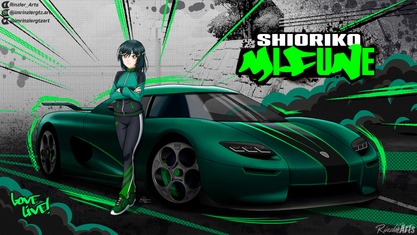 1girl artist_name black_jacket black_pants brown_eyes car character_name commission copyright_name crossed_arms english_commentary facebook_logo facebook_username green_footwear green_hair green_jacket green_theme highres imrinzlergtz_art instagram_logo instagram_username jacket koenigsegg_(automobile) koenigsegg_cc850 logo_parody love_live! love_live!_nijigasaki_high_school_idol_club mifune_shioriko mixed-language_commentary motor_vehicle multicolored_clothes multicolored_jacket need_for_speed need_for_speed_unbound pants shoes smile sneakers solo spanish_commentary spoiler_(automobile) sports_car track_jacket twitter_logo twitter_username two-tone_jacket vehicle_focus