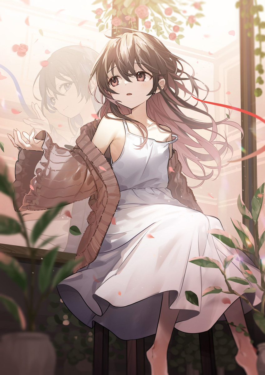 2girls bare_shoulders barefoot blue_eyes brown_cardigan brown_hair cardigan chair collarbone different_reflection dot_nose dress falling_petals feet floating_hair full_body hair_between_eyes highres kaisake_(utp) knees_together_feet_apart long_dress long_hair looking_at_viewer looking_to_the_side mirror multiple_girls off_shoulder open_cardigan open_clothes open_mouth original petals plant potted_plant red_eyes red_ribbon reflection ribbon seiran_(sake_(utopia_modoki)) shuan_(sake_(utopia_modoki)) sidelocks sideways_glance sitting sleeveless sleeveless_dress white_dress