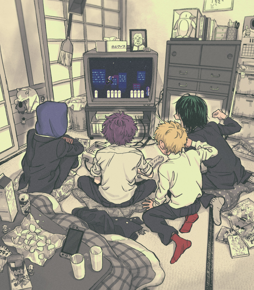 4boys bag_of_chips black_jacket black_pants blonde_hair blue_hoodie can cat clenched_hand commentary crossed_arms crt drink_can facing_away food from_behind gakuran game_console green_hair grey_socks hacchi_(napoli_no_otokotachi) hand_up highres hood hood_up hoodie house indian_style indoors jack-o'_ran-tan jacket jacket_over_hoodie knees_up long_sleeves magazine_(object) mahou_shoujo_minky_pinky maiko_(setllon) monochrome_background multiple_boys napoli_no_otokotachi on_floor open_door pants playing_games pocky profile purple_hair red_socks school_uniform shirt short_hair shouji shu3_(napoli_no_otokotachi) sitting sleeves_rolled_up sliding_doors socks sugiru_(napoli_no_otokotachi) super_famicom super_famicom_gamepad sweater table tatami trash_can turtleneck turtleneck_sweater unworn_jacket video_game white_shirt white_sweater