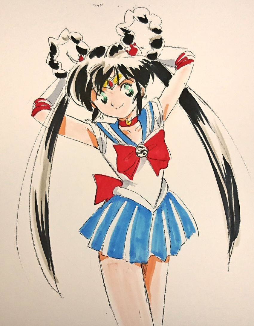 1girl arms_up back_bow bishoujo_senshi_sailor_moon black_hair blue_sailor_collar blue_skirt bow bowtie choker circlet cosplay crescent crescent_choker crescent_earrings crossover earrings elbow_gloves gloves green_eyes highres jewelry long_hair looking_at_viewer magical_girl mamono_hunter_youko mano_youko miniskirt miyao_gaku parody red_bow red_bowtie red_choker sailor_collar sailor_moon sailor_moon_(cosplay) sailor_senshi sailor_senshi_uniform simple_background skirt smile solo standing style_parody traditional_media twintails white_background white_gloves yin_yang