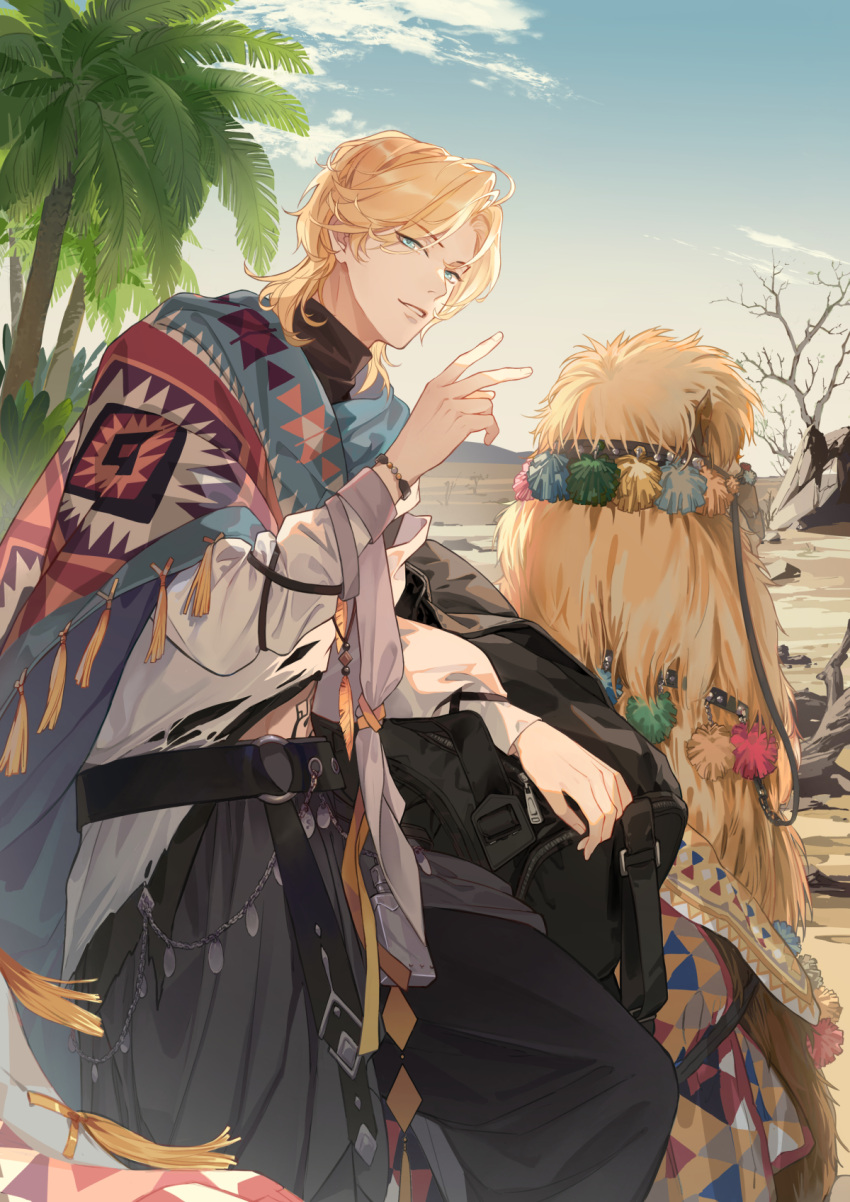 1boy alpaca aqua_eyes bag bare_tree bead_bracelet beads belt belt_chain black_belt black_pants black_undershirt blonde_hair blue_cloak bracelet cloak clouds curtained_hair day duffel_bag feather_necklace feet_out_of_frame highres jewelry lars_rorschach loli_bushi long_sleeves looking_at_viewer lovebrush_chronicles male_focus medium_hair midriff_peek necklace o-ring o-ring_belt outdoors palm_tree pants parted_bangs parted_lips riding rock shirt sidesaddle solo tassel torn_clothes torn_shirt tree turtleneck v waist_cape white_shirt
