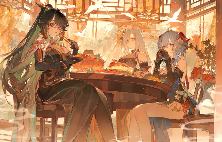 3girls architecture bare_legs blue_eyes blue_hair breasts chinese_clothes chinese_new_year chopsticks crossed_legs drinking east_asian_architecture eating elbow_gloves food ganyu_(genshin_impact) genshin_impact glasses gloves green_eyes green_hair grey_eyes hair_ornament hair_over_one_eye highres holding holding_chopsticks horns hotpot indoors large_breasts long_hair looking_at_viewer multicolored_hair multiple_girls new_year nokoya open_mouth ponytail shenhe_(genshin_impact) short_hair sitting smoke white_hair xianyun_(genshin_impact)