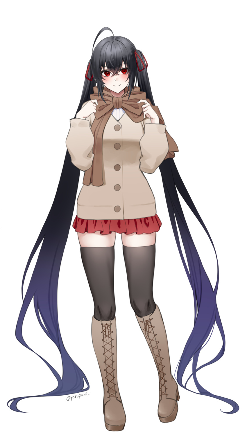 1girl absurdly_long_hair alternate_costume azur_lane black_hair blush boots brown_jacket casual hair_between_eyes hair_ribbon hands_up high_heel_boots high_heels highres jacket knee_boots long_hair looking_at_viewer miniskirt pleated_skirt red_eyes red_ribbon red_skirt ribbon skindentation skirt smile solo standing taihou_(azur_lane) thigh-highs twintails very_long_hair winter_clothes yorugami_rei