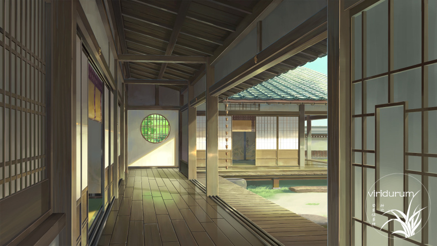 architecture artist_logo bamboo_screen blue_sky day east_asian_architecture highres no_humans original scenery shouji sky sliding_doors wooden_floor xingzhi_lv