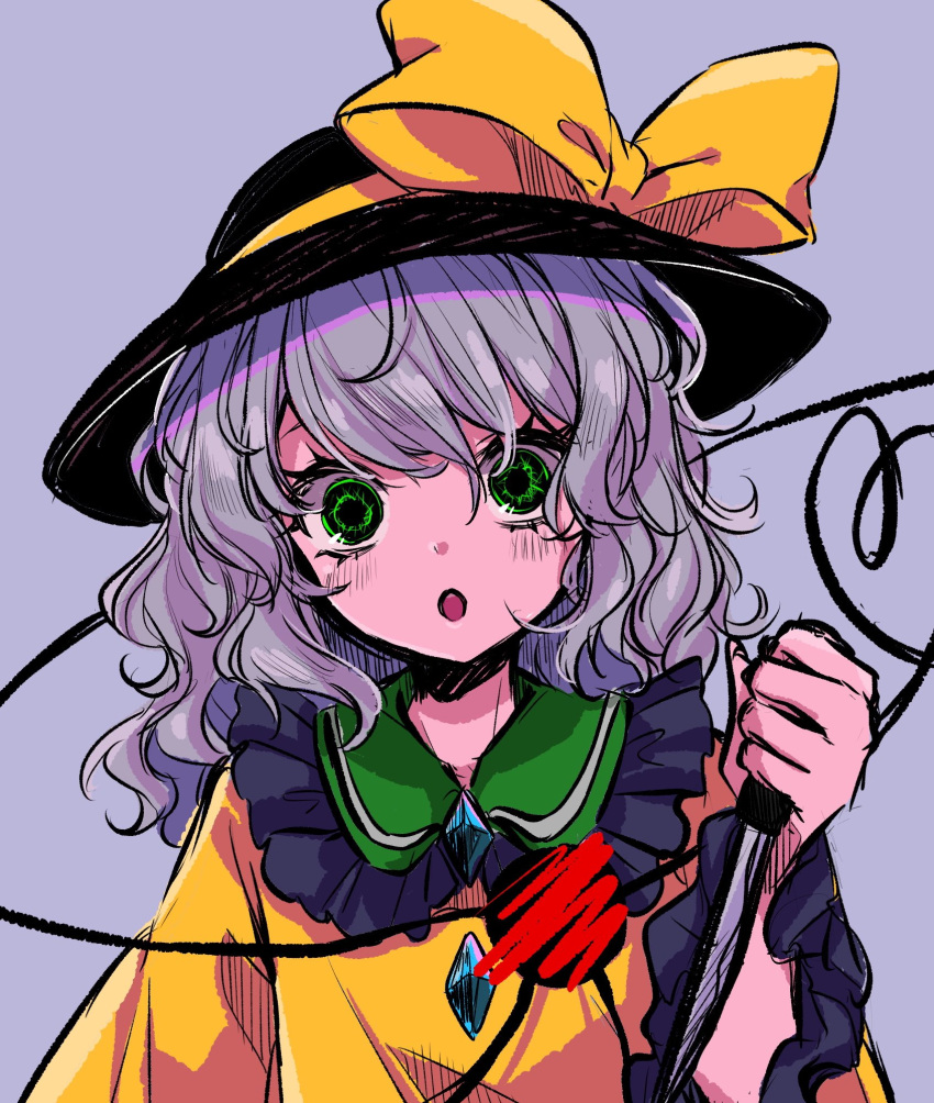 1girl black_headwear blush buttons collared_shirt diamond_button frilled_shirt_collar frilled_sleeves frills green_eyes grey_background grey_hair hat hat_ribbon heart heart_of_string highres holding holding_knife knife komeiji_koishi long_hair long_sleeves looking_at_viewer open_mouth ribbon shirt simple_background solo touhou upper_body wide_sleeves yellow_ribbon yellow_shirt yoma_(lycoris109)