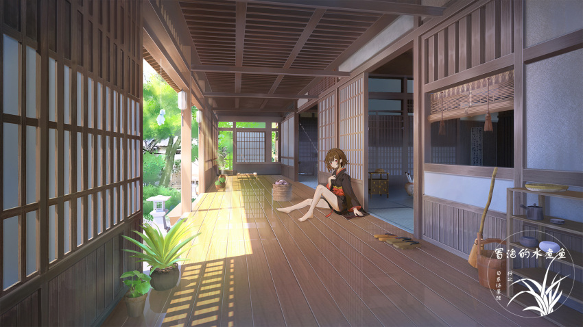 1girl architecture artist_logo black_kimono broom brown_eyes brown_hair bucket day east_asian_architecture highres japanese_clothes kimono on_ground original plant potted_plant sandals scenery short_hair shouji sitting sliding_doors solo tree wooden_floor xingzhi_lv