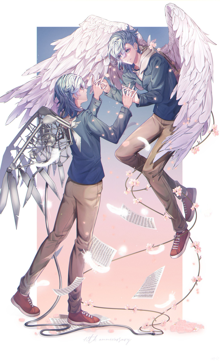 2boys absurdres angel_wings asymmetrical_bangs asymmetrical_hair blue_background blue_eyes blue_hair blue_jacket border brown_pants cable cherry_blossoms closed_mouth dual_persona eye_contact falling_feathers falling_petals feathers flower flying full_body gradient_background hair_between_eyes hasu_(selisa) highres holding_hands hood hood_down hoodie interlocked_fingers jacket looking_at_another male_focus mechanical_wings medium_hair mikaze_ai multiple_boys outside_border pants parted_lips petals pink_background pink_flower profile red_footwear sheet_music shoes short_ponytail sneakers standing uta_no_prince-sama white_border white_feathers white_hoodie white_wings wings