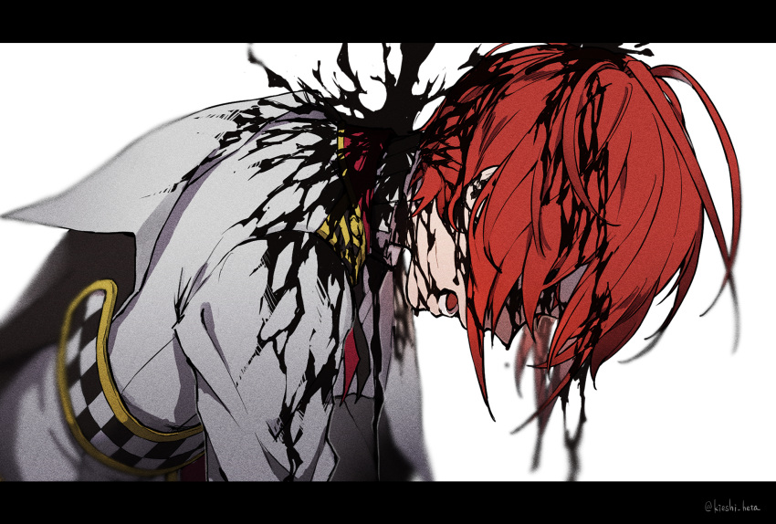 1boy akazu_kieshi artist_name black_liquid collared_jacket covered_eyes facing_down grey_jacket highres jacket letterboxed long_sleeves male_focus open_mouth redhead riddle_rosehearts simple_background solo twisted_wonderland twitter_username upper_body white_background