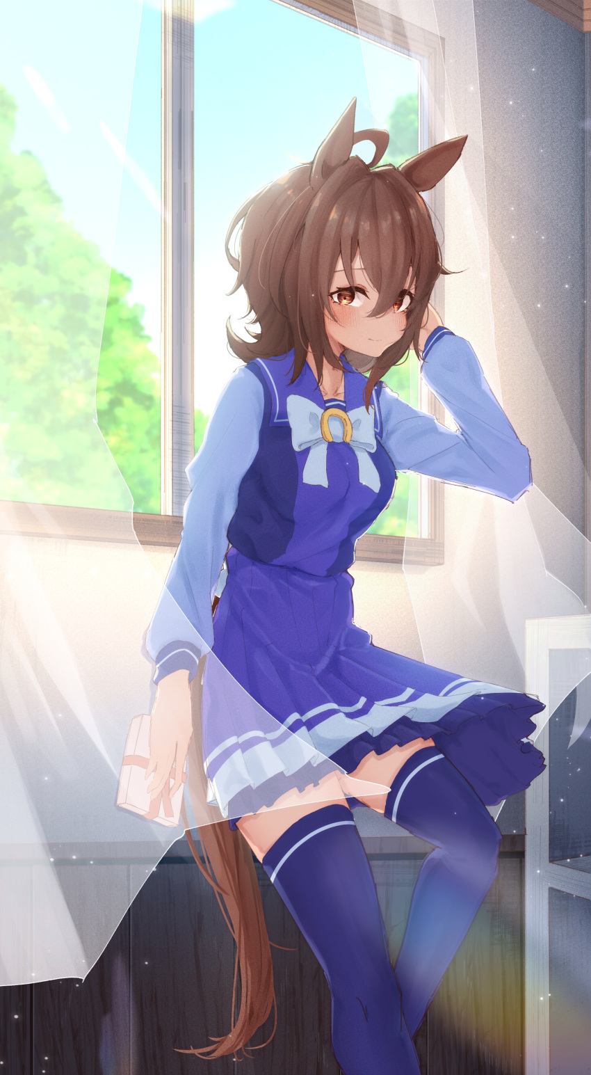 1girl absurdres agnes_tachyon_(umamusume) ahoge animal_ears bow brown_hair chemical_structure curtains earrings feet_out_of_frame gorioshi0802 highres horse_ears horse_girl horse_tail indoors jewelry leaning lens_flare long_sleeves messy_hair pleated_skirt purple_serafuku purple_shirt purple_skirt purple_thighhighs red_eyes sailor_collar school school_uniform serafuku shirt short_hair single_earring skirt solo tail thigh-highs tracen_school_uniform umamusume white_bow winter_uniform