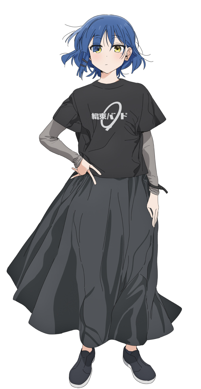 1girl arm_at_side black_footwear black_shirt blue_hair bocchi_the_rock! closed_mouth dot_nose expressionless eyes_visible_through_hair full_body grey_skirt hair_over_one_eye hand_on_own_hip highres kessoku_band_logo kessoku_band_t-shirt layered_sleeves long_skirt long_sleeves looking_at_viewer mole mole_under_eye official_art shirt shoes short_hair short_over_long_sleeves short_sleeves simple_background skirt solo standing t-shirt tachi-e transparent_background yamada_ryo yellow_eyes