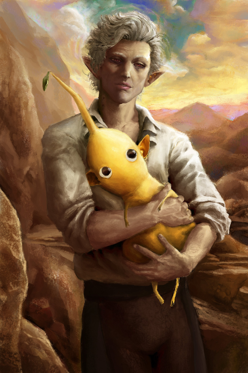1boy absurdres animal astarion baldur's_gate baldur's_gate_3 commentary commission crossover dungeons_and_dragons english_commentary fine_art_parody highres holding holding_animal lost_lamb mangodoodle1 outdoors parody pikmin_(creature) pikmin_(series) pointy_ears red_eyes shirt short_hair swept_bangs white_hair white_shirt yellow_pikmin