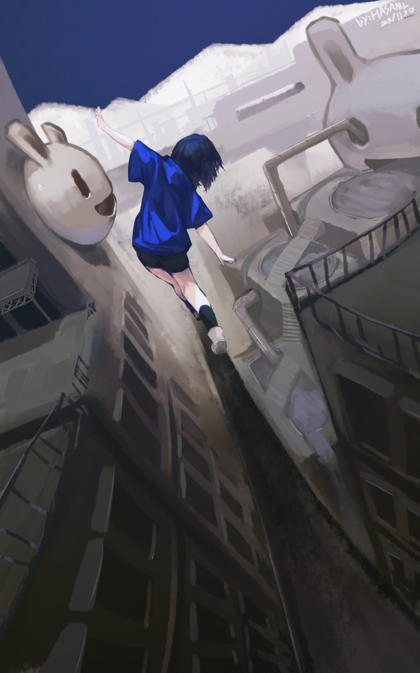 1girl absurdres artist_name balancing black_shorts black_socks blue_hair blue_shirt blue_sky bridge building commentary dated facing_away highres hua_ha_jiazi industrial_pipe leaning_to_the_side mask original outdoors outstretched_arms rabbit_mask railing shirt shoes short_hair short_sleeves shorts sky socks solo stairs standing symbol-only_commentary tightrope white_footwear window