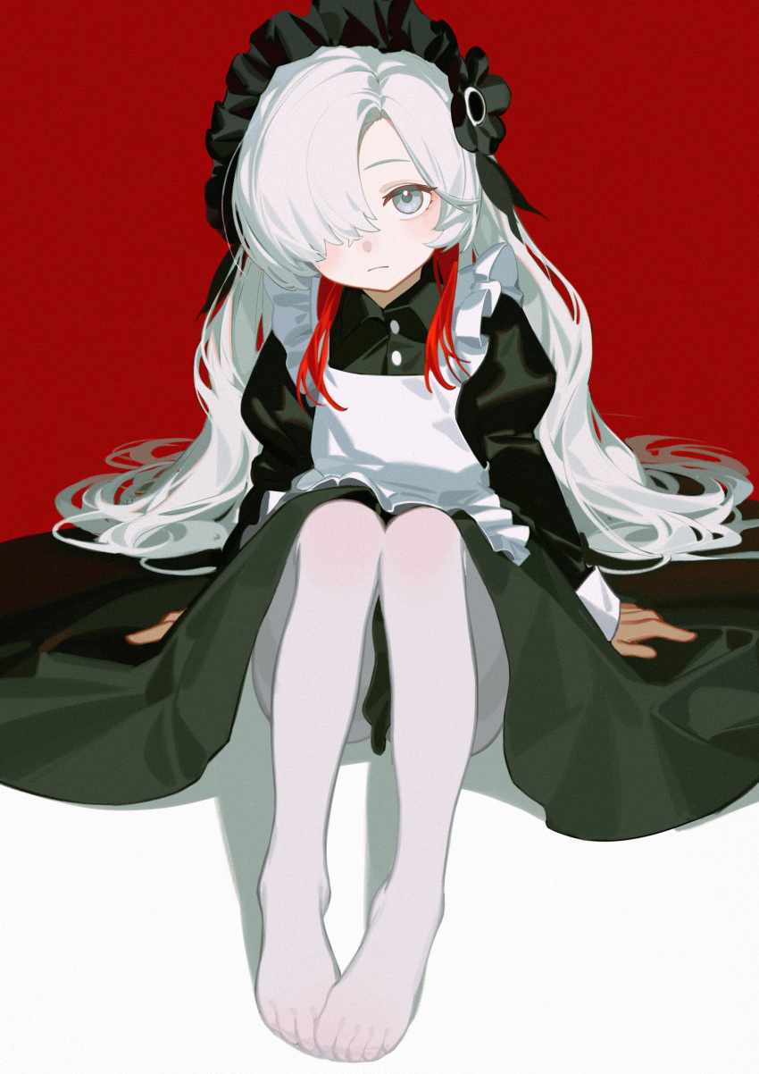 1girl absurdres apron black_dress black_flower blush dress expressionless feet flower full_body grey_eyes grey_pantyhose hair_flower hair_ornament hair_over_one_eye highres isekai_joucho kamitsubaki_studio knees_up long_hair looking_at_viewer maid maid_headdress multicolored_hair no_shoes pantyhose red_background redhead ryuuforkaf sitting solo toes two-tone_hair virtual_youtuber white_apron white_hair
