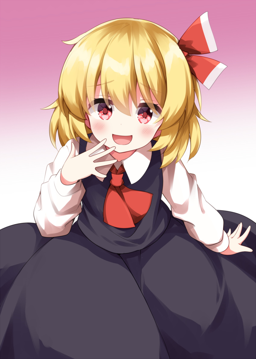 1girl ascot black_skirt black_vest blonde_hair blush collared_shirt commentary_request hair_ribbon highres long_sleeves looking_at_viewer medium_hair mesugaki open_mouth red_ascot red_eyes red_ribbon ribbon rumia ruu_(tksymkw) shirt skirt skirt_set smile solo touhou vest white_shirt