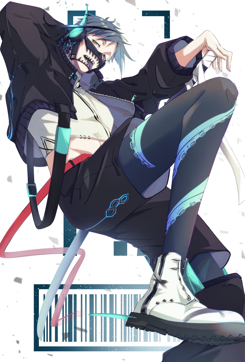 1boy absurdres arm_behind_head barcode bishounen black_jacket black_pantyhose black_shorts blue_eyes blue_hair boots colored_tongue crop_top cropped_jacket floyd_leech foot_out_of_frame groin half-closed_eyes hand_up highres jacket katana knee_up long_sleeves looking_at_viewer male_focus midriff multicolored_hair open_mouth pantyhose purple_tongue sharp_teeth sheath sheathed shirt short_hair shorts solo streaked_hair sword teeth tentacle_print tongue tongue_out tuboya111 turtleneck twisted_wonderland weapon white_background white_footwear white_shirt yellow_eyes
