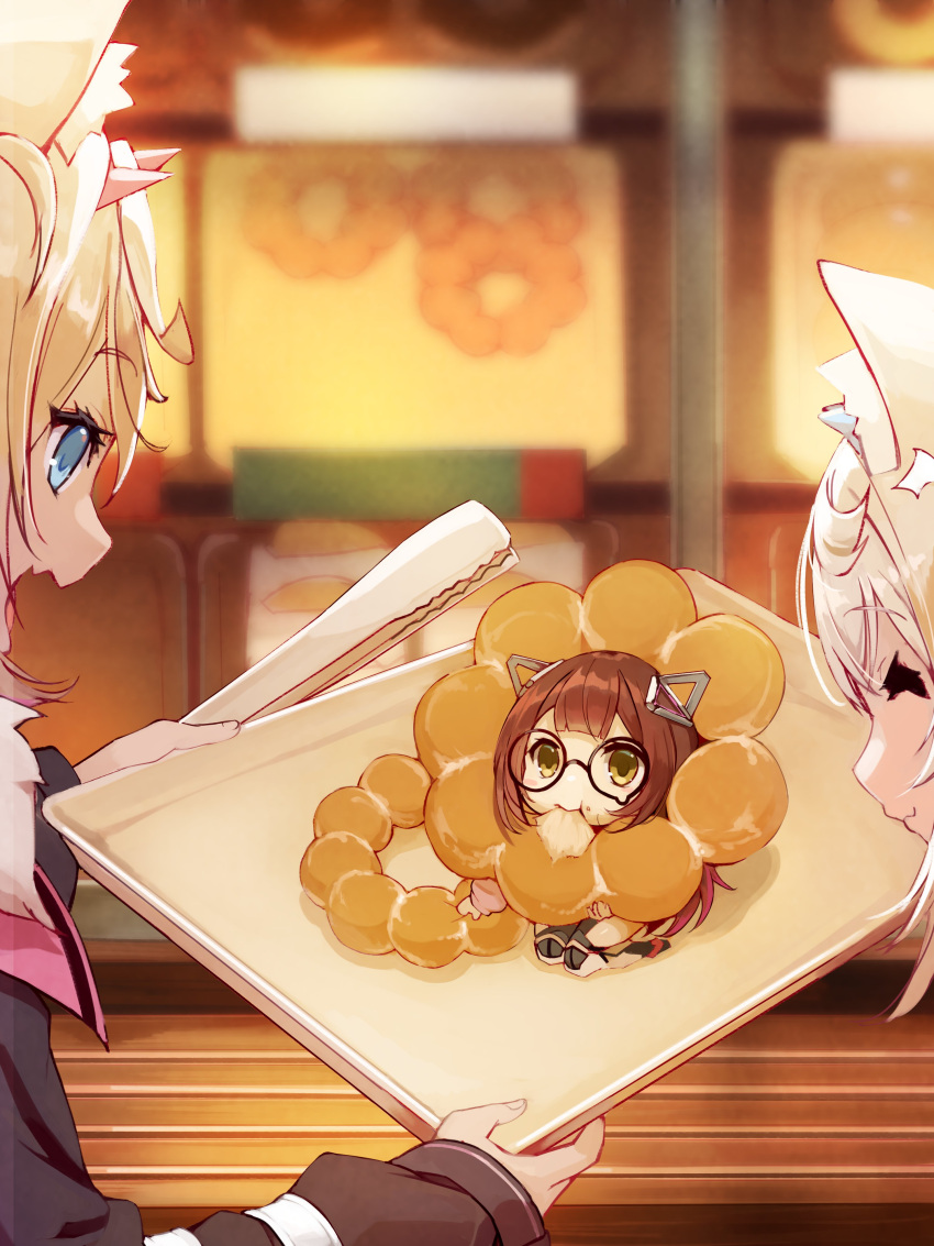 3girls absurdres animal_ear_fluff animal_ears black-framed_eyewear black_jacket blonde_hair blue_eyes brown_hair chibi closed_eyes colored_tips commentary dog_ears dog_girl doughnut eating fake_horns fang food food_on_face fur-trimmed_jacket fur_trim fuwawa_abyssgard fuwawa_abyssgard_(1st_costume) gradient_hair hair_between_eyes headgear highres holding holding_plate holding_tongs hololive hololive_english horns indoors jacket long_hair looking_at_another looking_down looking_up mechanical_legs mococo_abyssgard mococo_abyssgard_(1st_costume) multicolored_hair multiple_girls open_mouth plate pon_de_ring redhead roboco-san seiza siblings sisters sitting skin_fang sleeves_past_wrists sue_(bg-bros) teardrop-framed_glasses tongs twins virtual_youtuber wooden_floor yellow_eyes