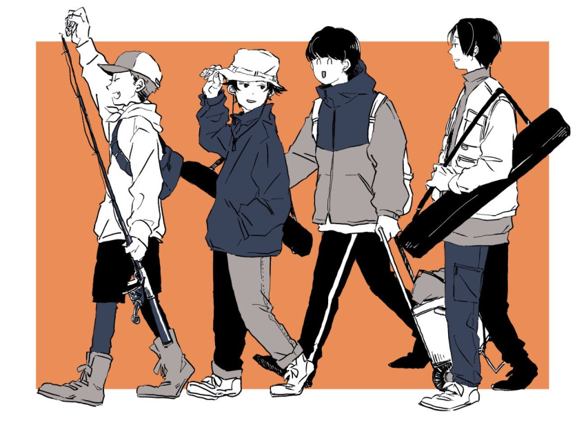 4boys ^_^ alternate_costume backpack bag bandana_around_neck baseball_cap boots bucket_hat closed_eyes commentary_request cooler facial_hair facing_ahead fang fishing_rod from_side full_body goatee_stubble greyscale_with_colored_background hacchi_(napoli_no_otokotachi) hand_in_pocket hand_on_headwear hand_up hat holding_strap hood hooded_jacket jack-o'_ran-tan jacket leggings_under_shorts long_sleeves looking_at_another looking_back male_focus multiple_boys mutsu_umi napoli_no_otokotachi open_clothes open_jacket open_mouth orange_background outside_border pants profile raised_fist shoes short_hair shorts shoulder_bag shu3_(napoli_no_otokotachi) simple_background skin_fang smile sneakers stubble sugiru_(napoli_no_otokotachi) turtleneck_shirt walking