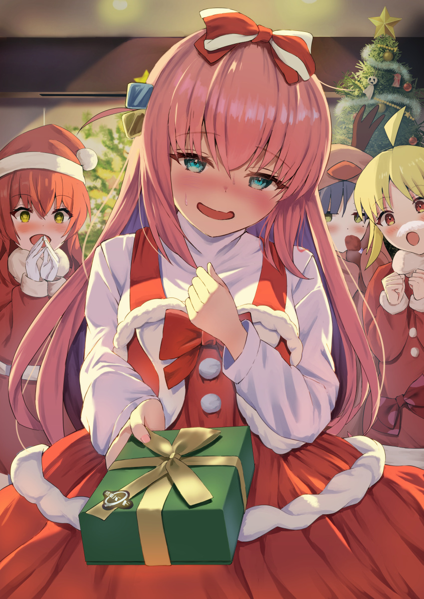 3girls 4girls :d absurdres ahoge blonde_hair blue_eyes blue_hair blush bocchi_the_rock! bow brown_eyes christmas christmas_tree closed_mouth cube_hair_ornament detached_ahoge dress file112056 gift giving gotoh_hitori green_eyes hair_bow hair_ornament hat highres holding holding_gift ijichi_nijika indoors kita_ikuyo long_hair long_sleeves mole mole_under_eye multiple_girls one_side_up open_mouth pink_hair red_bow red_dress red_headwear redhead santa_costume santa_dress santa_hat sleeveless sleeveless_dress smile sweater turtleneck turtleneck_sweater white_bow white_sweater yamada_ryo