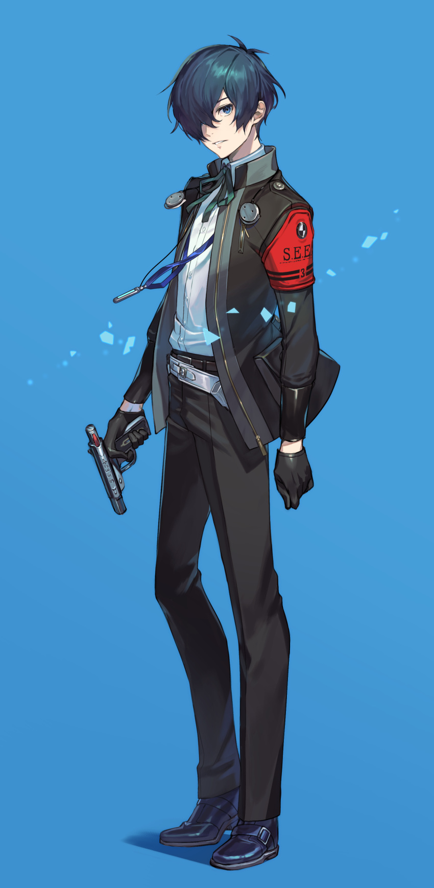 1boy absurdres akiyoshi_nozomu belt black_footwear black_gloves black_jacket black_pants black_ribbon blue_background blue_eyes blue_hair collared_shirt commentary_request digital_media_player evoker full_body gekkoukan_high_school_uniform gloves gun hair_over_one_eye headphones headphones_around_neck highres holding holding_gun holding_weapon jacket looking_at_viewer male_focus neck_ribbon open_clothes open_jacket pants parted_lips persona persona_3 persona_3_reload ribbon s.e.e.s school_uniform shirt short_hair solo standing weapon white_shirt yuuki_makoto_(persona_3)