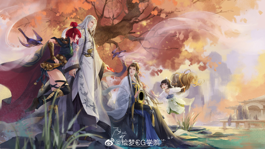 1boy 3girls architecture artist_request autumn_leaves bird black_hair black_shirt blue_bird blue_robe blunt_ends bracer brown_hair cape check_copyright chinese_clothes chinese_commentary chinese_text closed_mouth commentary_request copyright_request east_asian_architecture expressionless floating_hair full_body grass green_skirt hand_on_another's_back hanfu highres holding holding_another's_arm holding_instrument instrument jacket lipstick long_hair long_sleeves looking_at_another makeup medium_skirt multiple_girls open_clothes open_jacket open_mouth original outdoors pond red_cape red_lips red_skirt robe second-party_source shirt short_twintails shoulder_pads sidelocks sitting skirt smile swallow_(bird) tree twintails watermark weibo_logo weibo_username white_hair white_jacket white_robe white_sleeves