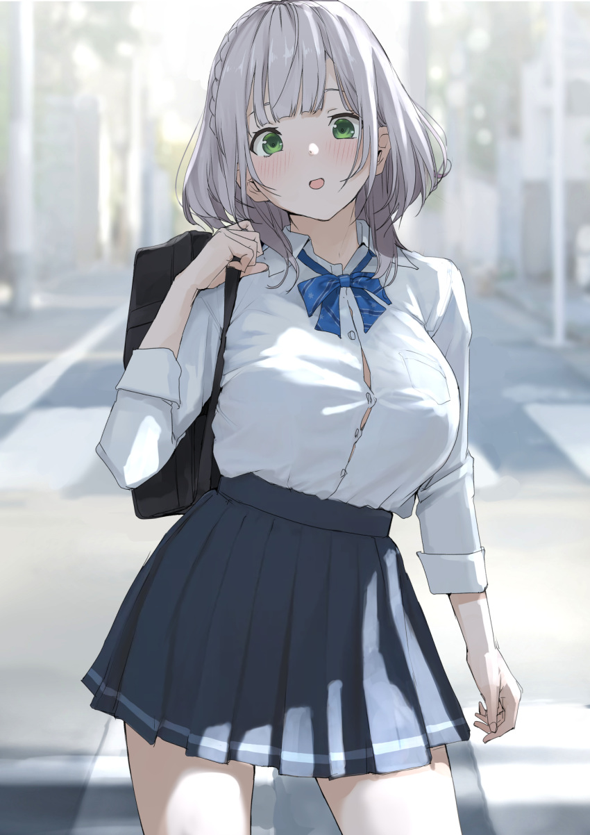 1girl bag blunt_bangs braid breasts green_eyes grey_hair highres hololive large_breasts looking_at_viewer mitsuru_(pixiv_34028718) open_mouth outdoors pleated_skirt road school_uniform shirogane_noel shirt short_hair skirt sleeves_rolled_up solo virtual_youtuber white_shirt