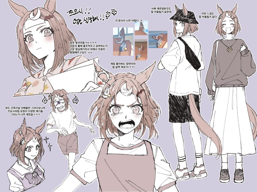 1girl ^_^ alternate_costume animal_ears bag blush breasts brown_hair bucket_hat casual closed_eyes closed_mouth ears_through_headwear fanny_pack gloom_(expression) gym hair_ornament hairclip hat highres horse_ears horse_girl horse_tail jewelry korean_commentary korean_text long_sleeves multicolored_hair multiple_views open_mouth pajamas partially_colored pendant race_bib reference_inset school_uniform shirt shoes short_hair short_sleeves shorts shoulder_bag skirt small_breasts smile sneakers socks sparkle streaked_hair tail taisaaa tears tracen_school_uniform translation_request tsurumaru_tsuyoshi_(umamusume) umamusume v-shaped_eyebrows