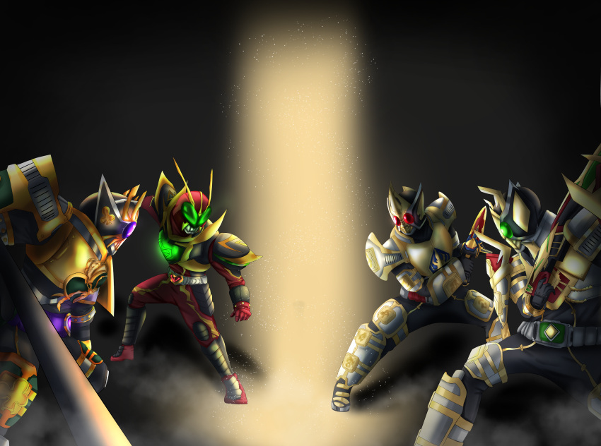 4boys absurdres armor belt blay_buckle blay_rouzer bodysuit bow_(weapon) cannon character_request full_armor full_body gfga7577 gold_armor green_eyes gun helmet highres holding holding_bow_(weapon) holding_gun holding_staff holding_sword holding_weapon horns kamen_rider kamen_rider_blade_(king_form) kamen_rider_blade_(series) kamen_rider_chalice_(wild_form) kamen_rider_garren kamen_rider_garren_(king_form) kamen_rider_leangle kamen_rider_leangle_(king_form) kamen_rider_outsiders king_rouzer male_focus mask multiple_boys red_eyes rider_belt staff sword tokusatsu violet_eyes weapon