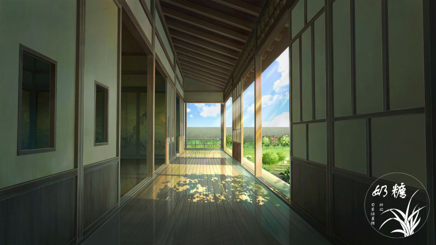 architecture artist_logo blue_sky clouds day east_asian_architecture highres no_humans original scenery shade shouji sky sliding_doors wooden_floor xingzhi_lv