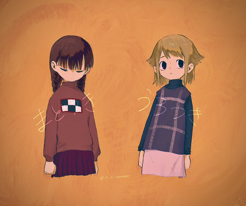 2girls 8_31sammer arms_at_sides asymmetrical_bangs black_eyes blonde_hair blush braid brown_hair character_name clenched_hands closed_eyes closed_mouth commentary cropped_legs dated dot_nose expressionless eyelashes facing_down flipped_hair highres layered_sleeves light_frown long_hair long_sleeves looking_to_the_side low_twintails madotsuki medium_bangs medium_hair multiple_girls nose_blush orange_background parted_lips pink_skirt pink_sweater pleated_skirt print_sweater purple_shirt purple_sweater raised_eyebrows red_skirt shirt short_over_long_sleeves short_sleeves sidelocks signature skirt sweater tareme turtleneck turtleneck_sweater twin_braids twintails unusually_open_eyes urotsuki yume_2kki yume_nikki