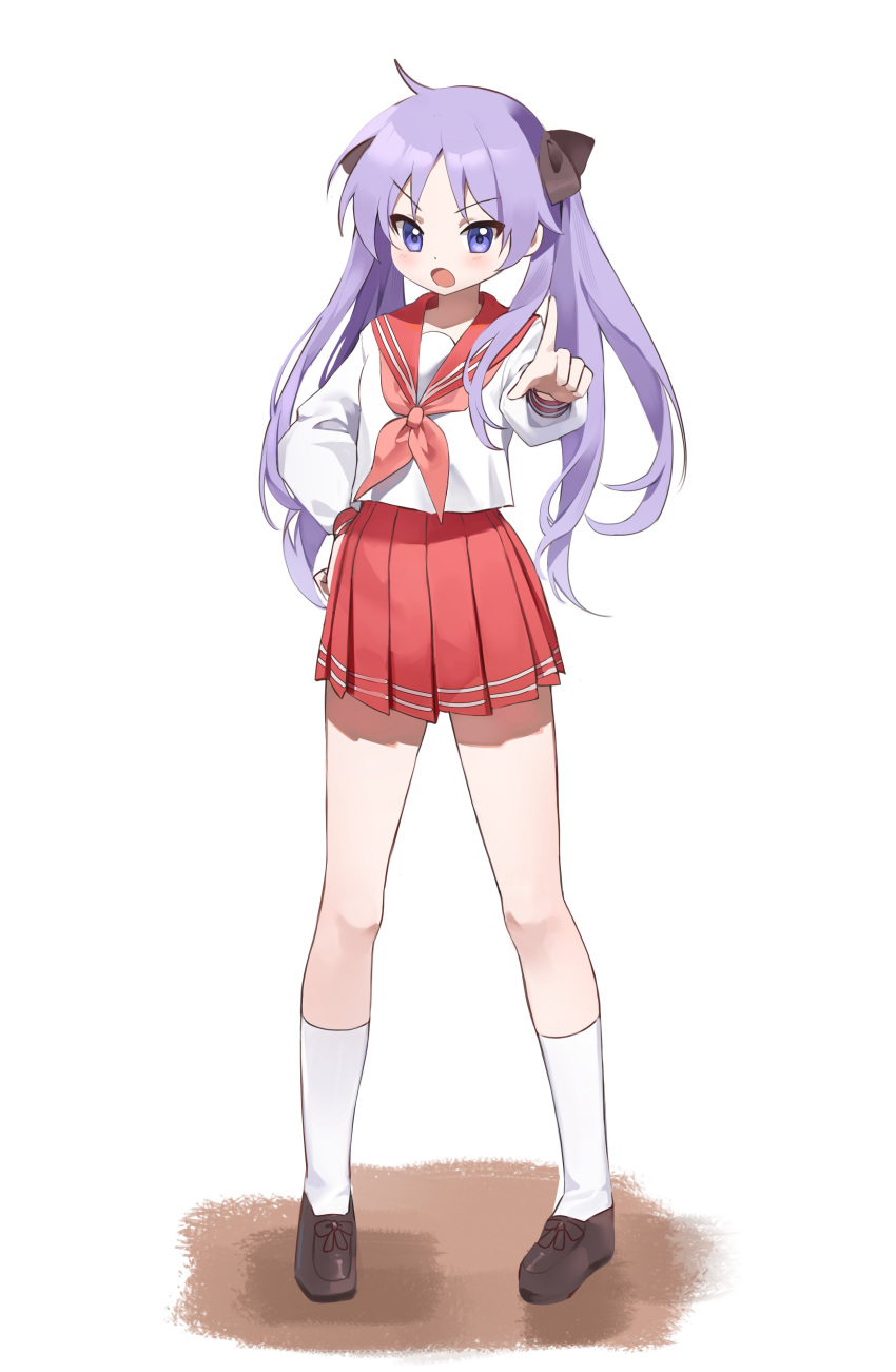 1girl absurdres angry full_body hand_on_own_hip highres hiiragi_kagami loafers looking_at_viewer lucky_star mingo0011 neckerchief open_mouth pink_neckerchief pink_skirt pleated_skirt pointing pointing_at_viewer purple_hair ryouou_school_uniform sailor_collar school_uniform serafuku shoes skirt socks twintails violet_eyes white_background white_socks winter_uniform