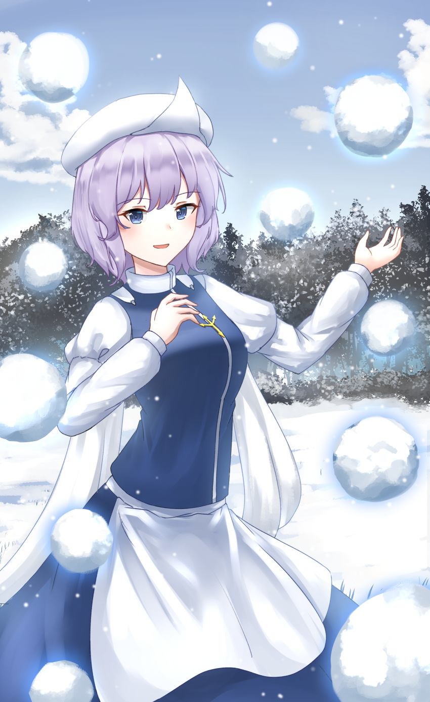 1girl absurdres apron blue_eyes blue_skirt blue_vest clouds commentary cryokinesis day english_commentary floating forest hat highres kuneamorai letty_whiterock long_sleeves looking_at_viewer mixed-language_commentary nature open_mouth outdoors purple_hair shirt short_hair skirt smile snow snowball solo touhou vest waist_apron white_apron white_headwear white_shirt winter