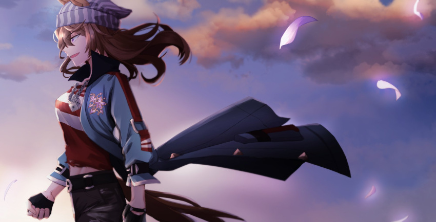 1girl animal_ears belt black_gloves black_pants blue_coat breasts clenched_hands clouds coat cowboy_shot dice_necklace ears_through_headwear fingerless_gloves floating_hair from_side gloves high_collar highres horse_ears horse_girl horse_tail korean_commentary long_sleeves nakayama_festa_(umamusume) open_clothes open_coat open_mouth outdoors pants petals profile red_shirt shirt sideways_mouth small_breasts smile solo tail taisaaa torn_clothes torn_shirt umamusume violet_eyes
