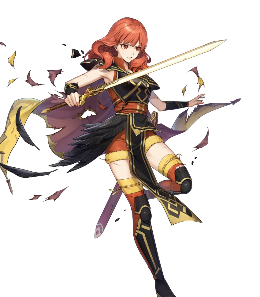 1girl black_footwear boots breasts cape celica_(fire_emblem) celica_(warrior_princess)_(fire_emblem) celica_(warrior_princess)_(resplendent)_(fire_emblem) clenched_teeth damaged feathers fire_emblem fire_emblem_echoes:_shadows_of_valentia fire_emblem_heroes highres medium_breasts medium_hair non-web_source official_alternate_costume official_art red_eyes redhead shoulder_pads solo sword teeth thigh_boots torn_cape torn_clothes wavy_hair weapon yellow_cape